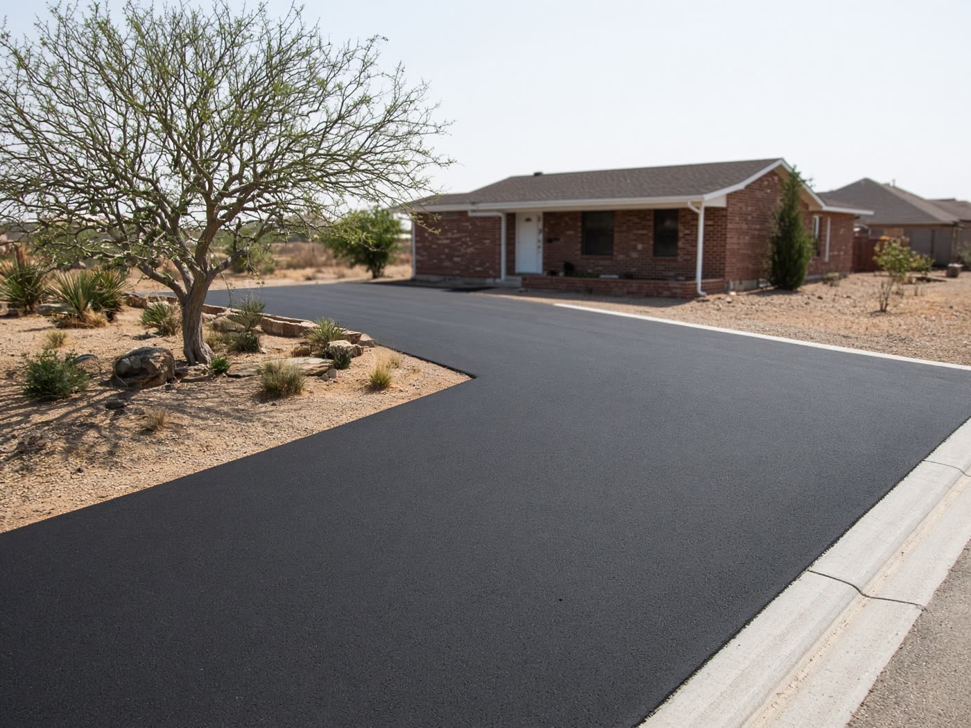 Freshly paved residential asphalt driveway in a West Texas neighborhood