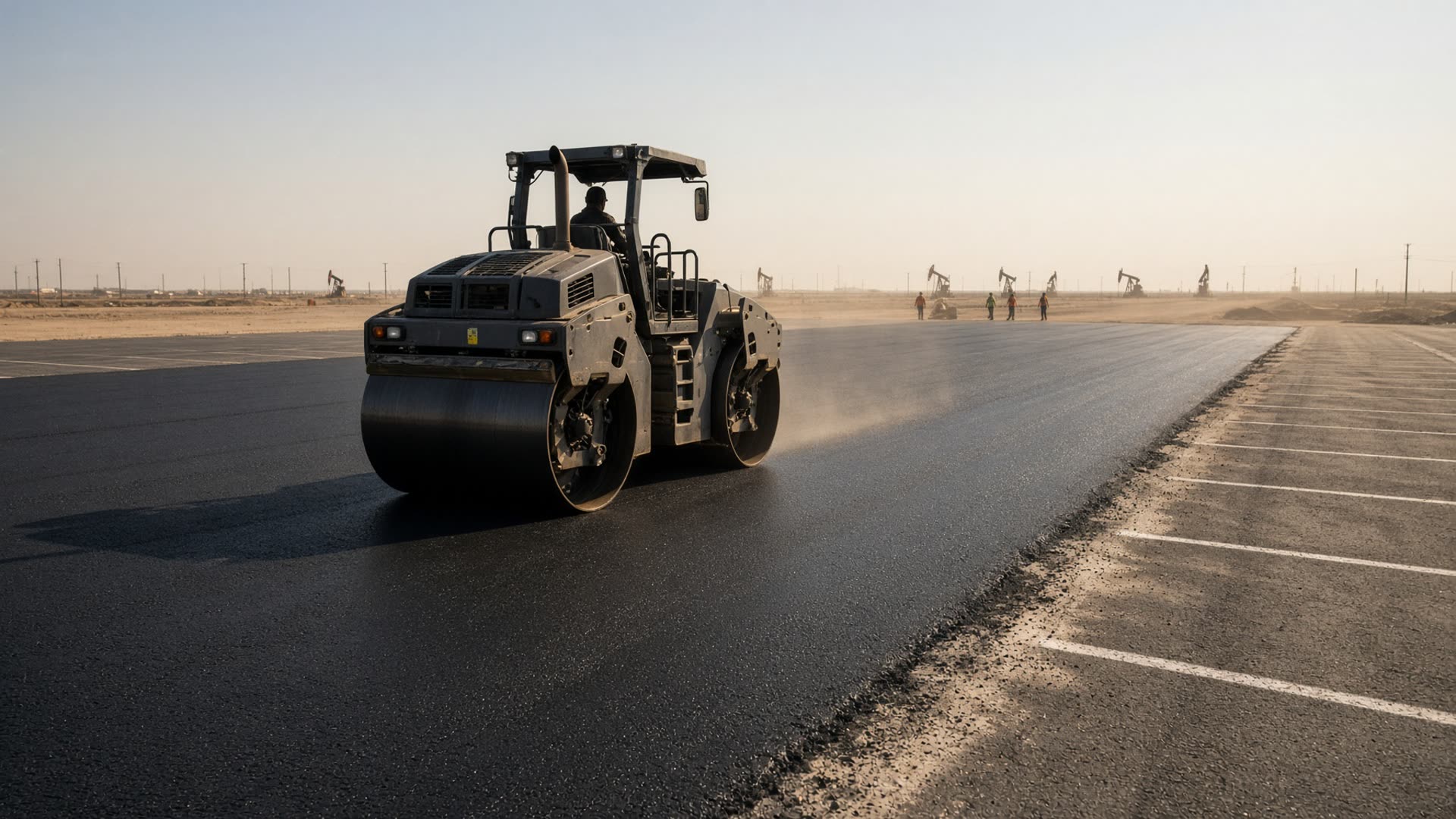 Steel roller compacting fresh asphalt on an Odessa commercial lot