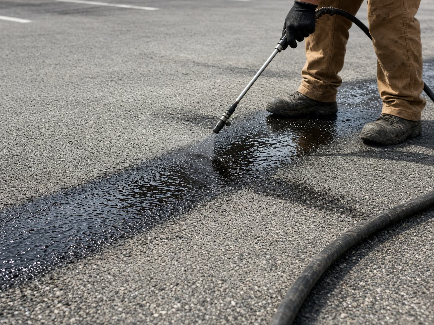 Crew applying sealcoat to an oxidized Odessa parking lot